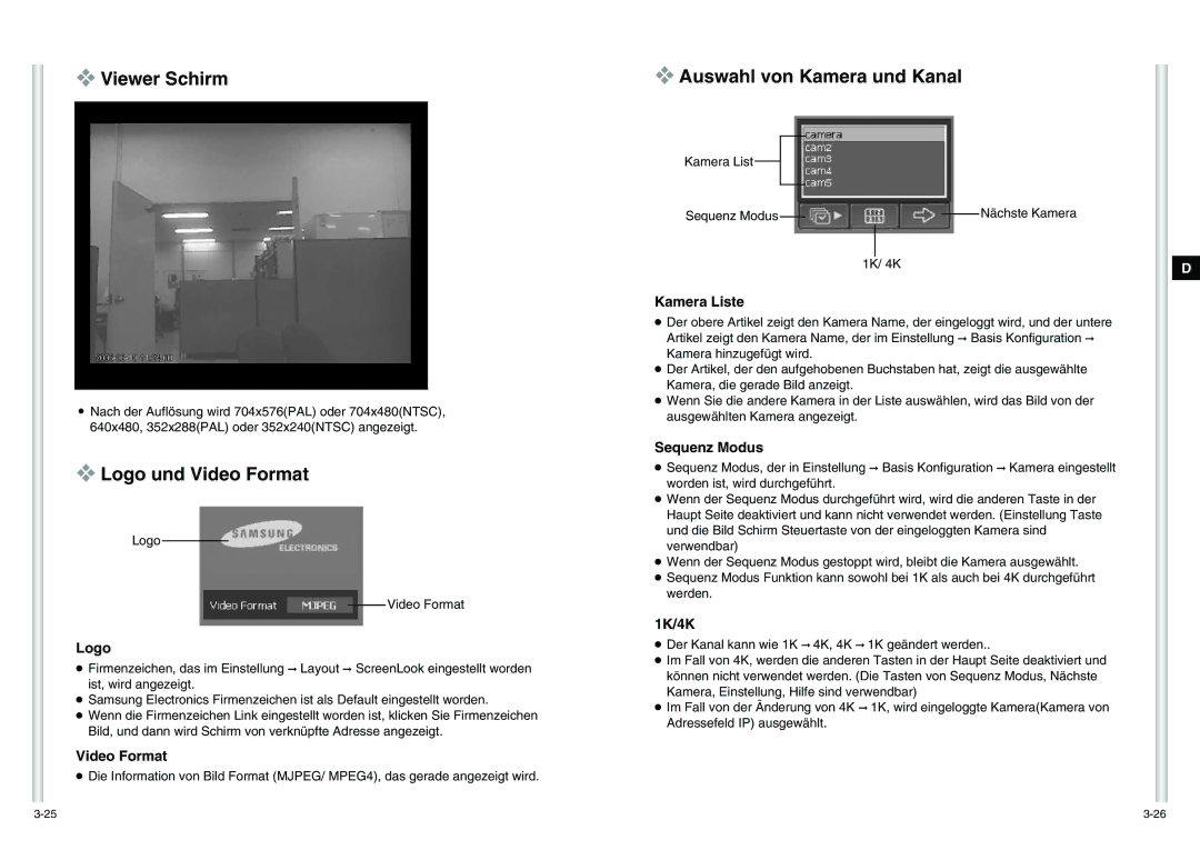 Samsung SCC-C6475P manual Viewer Schirm, Logo und Video Format, Auswahl von Kamera und Kanal 