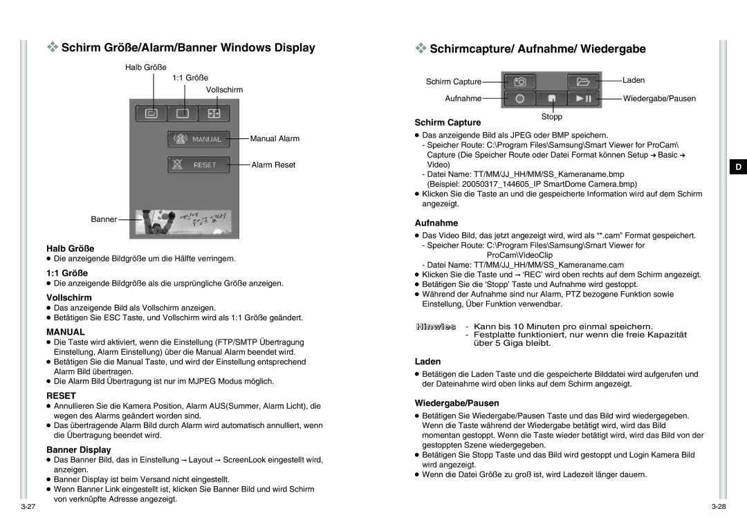 Samsung SCC-C6475P manual Schirm Größe/Alarm/Banner Windows Display, Schirmcapture/ Aufnahme/ Wiedergabe 