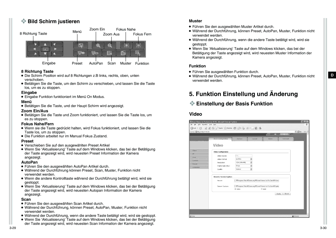 Samsung SCC-C6475P manual Bild Schirm justieren, Einstellung der Basis Funktion, Video 