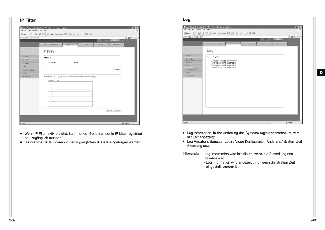 Samsung SCC-C6475P manual IP Filter, Log 