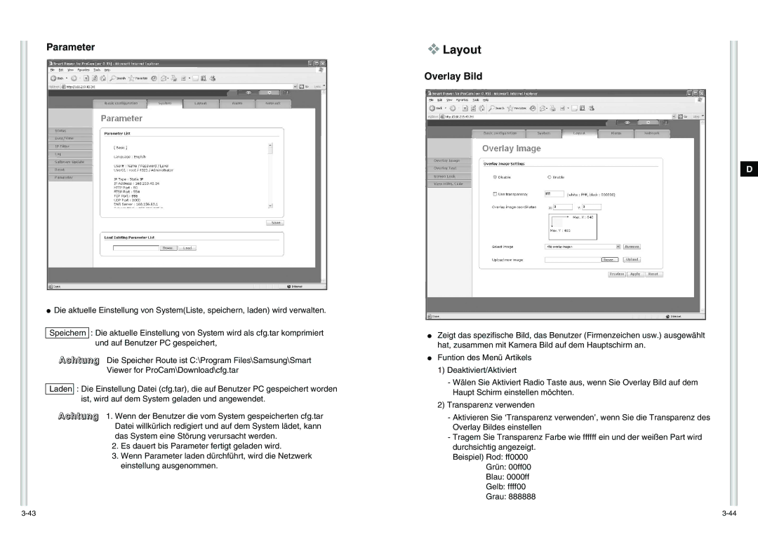 Samsung SCC-C6475P manual Layout, Parameter, Overlay Bild 