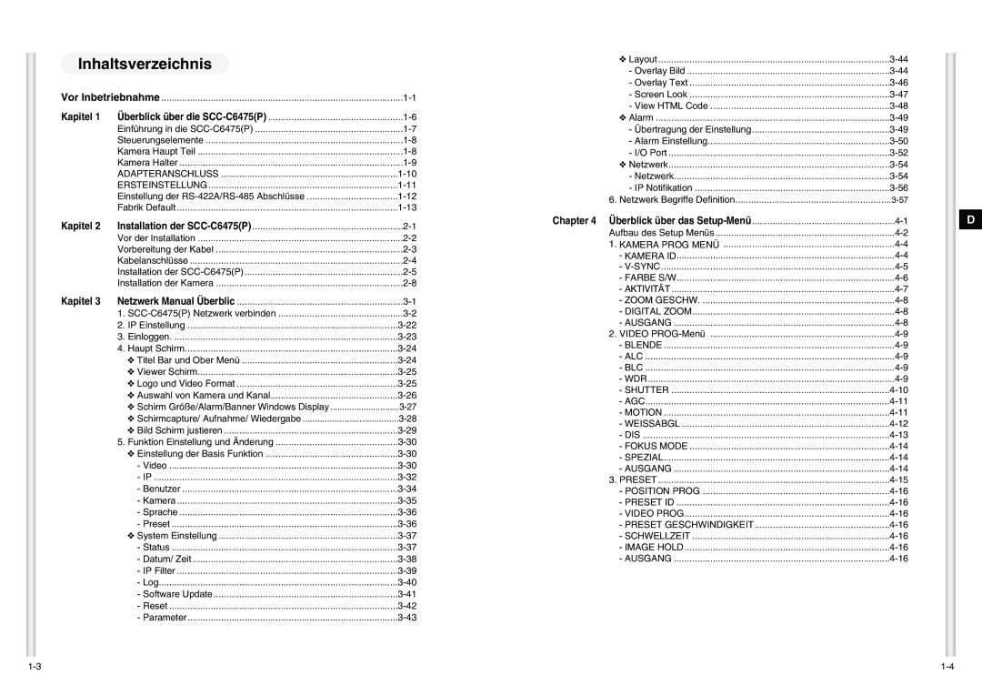 Samsung SCC-C6475P manual Inhaltsverzeichnis 