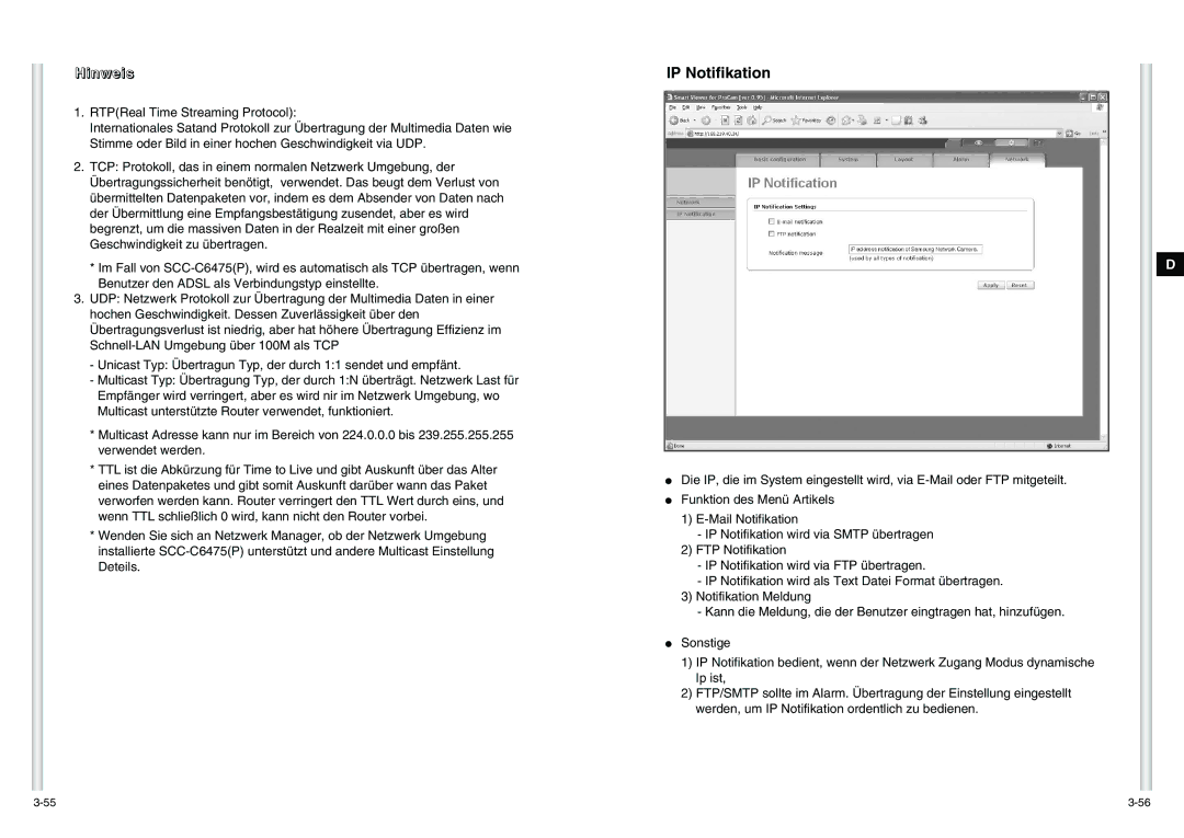 Samsung SCC-C6475P manual IP Notifikation, Hinweis 