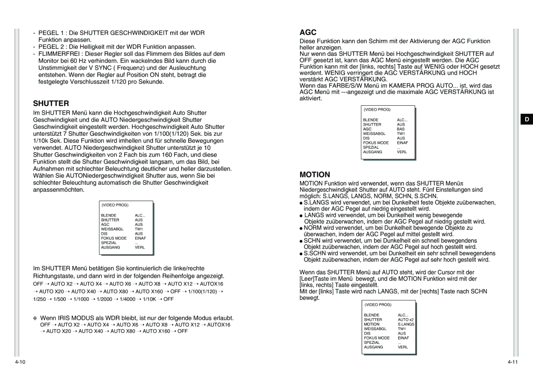 Samsung SCC-C6475P manual Shutter, Agc, Motion 