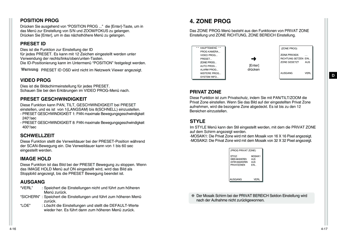 Samsung SCC-C6475P Position Prog, Preset ID, Video Prog, Preset Geschwindigkeit, Schwellzeit, Image Hold, Privat Zone 