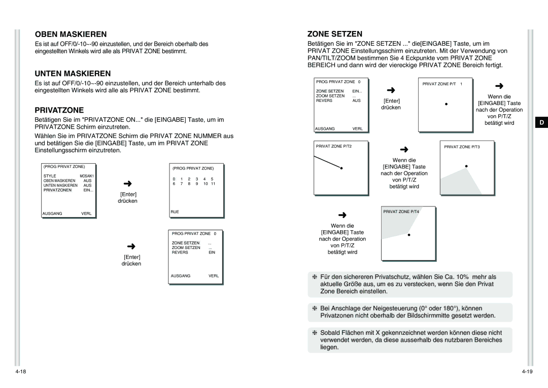 Samsung SCC-C6475P manual Oben Maskieren, Unten Maskieren Zone Setzen, Privatzone 