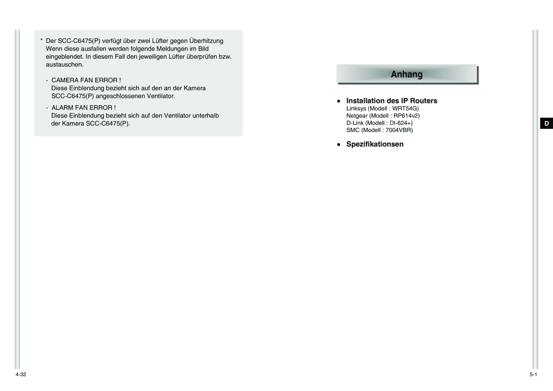 Samsung SCC-C6475P manual Anhan g, Installation des IP Routers, Spezifikationsen 