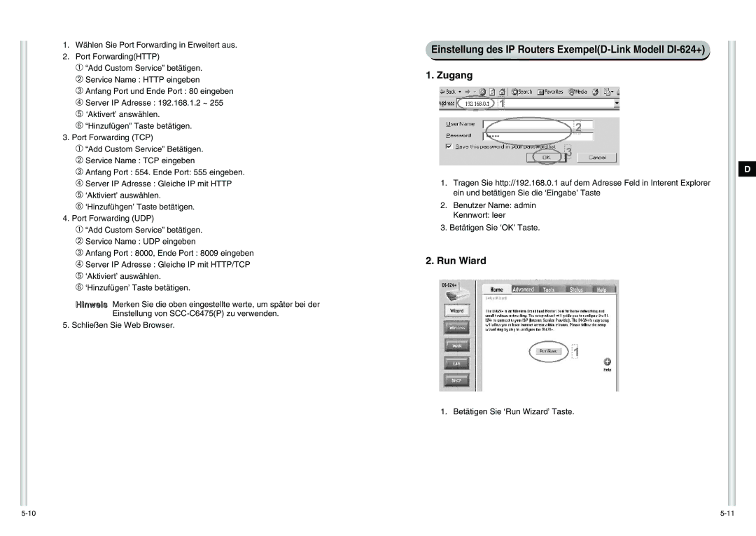 Samsung SCC-C6475P manual Einstellung des IP Routers ExempelD-Link Modell DI-624+, Run Wiard 