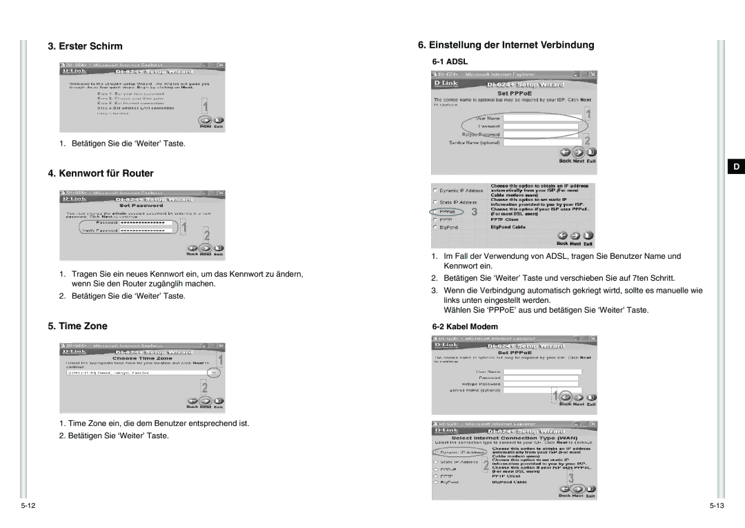 Samsung SCC-C6475P manual Erster Schirm, Kennwort für Router, Time Zone, Einstellung der Internet Verbindung 