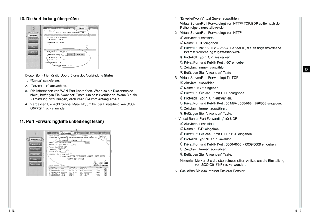 Samsung SCC-C6475P manual Die Verbindung überprüfen, Port ForwardingBitte unbediengt lesen 