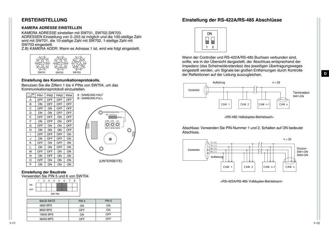 Samsung SCC-C6475P Ersteinstellung, Einstellung der RS-422A/RS-485 Abschlüsse, Einstellung des Kommunikationsprotokolls 