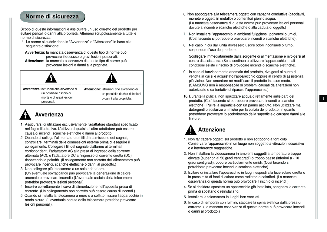 Samsung SCC-C6475P manual Norme di sicurezza 