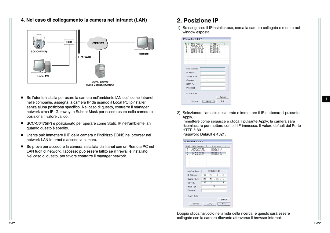 Samsung SCC-C6475P manual Posizione IP, Nel caso di collegamento la camera nel intranet LAN 