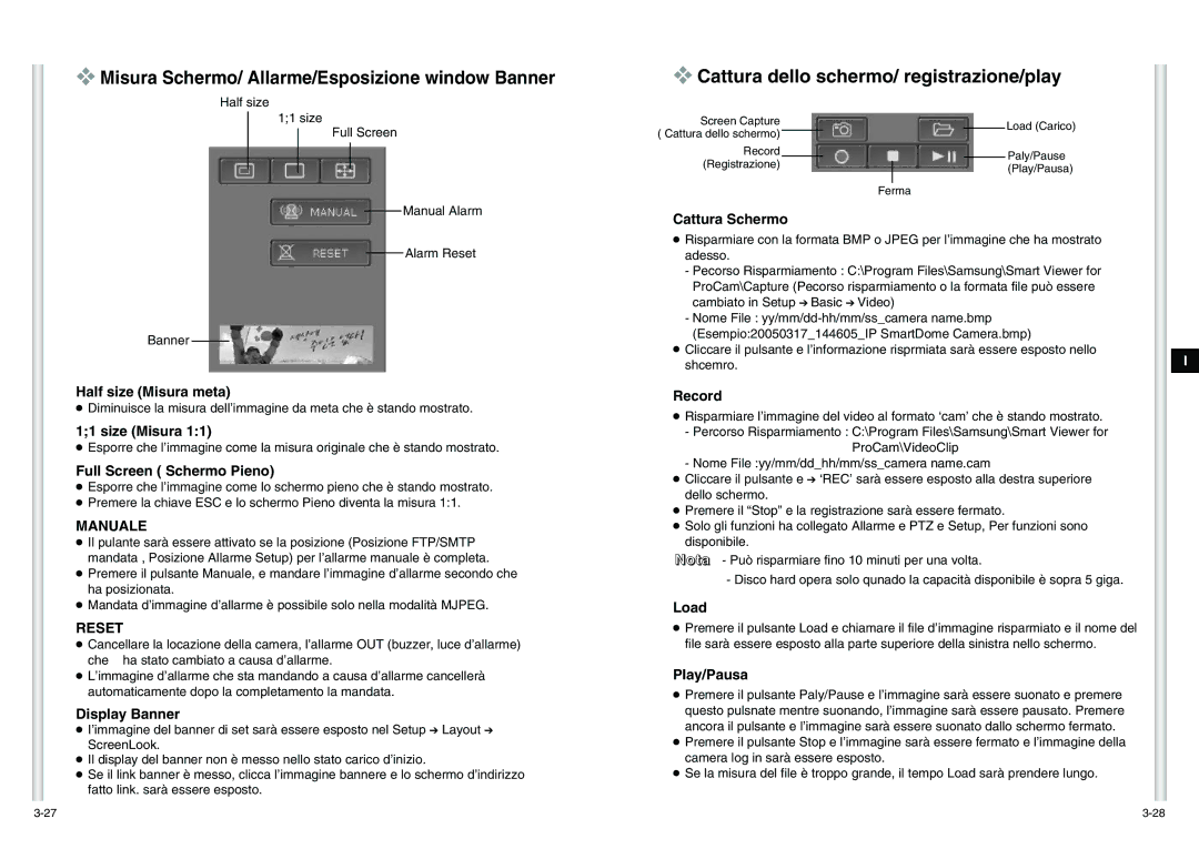 Samsung SCC-C6475P manual Misura Schermo/ Allarme/Esposizione window Banner, Cattura dello schermo/ registrazione/play 