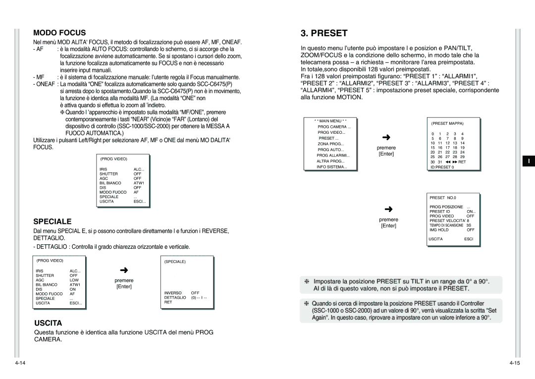 Samsung SCC-C6475P manual Preset, Modo Focus, Speciale 