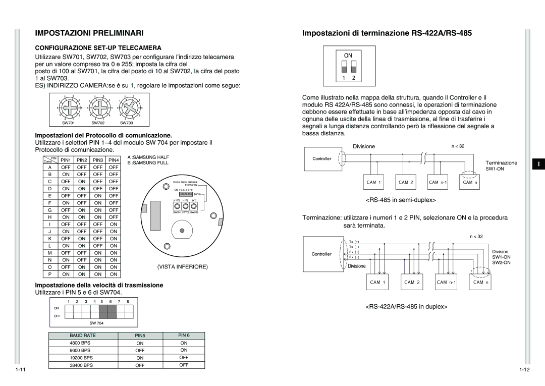 Samsung SCC-C6475P manual Impostazioni Preliminari, Impostazioni di terminazione RS-422A/RS-485 