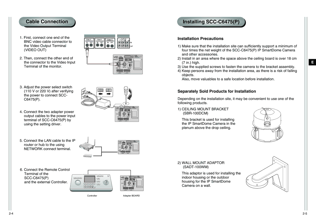 Samsung SCC-C6475P manual Ceiling Mount Bracket SBR-100DCM, Wall Mount Adaptor SADT-100WM 