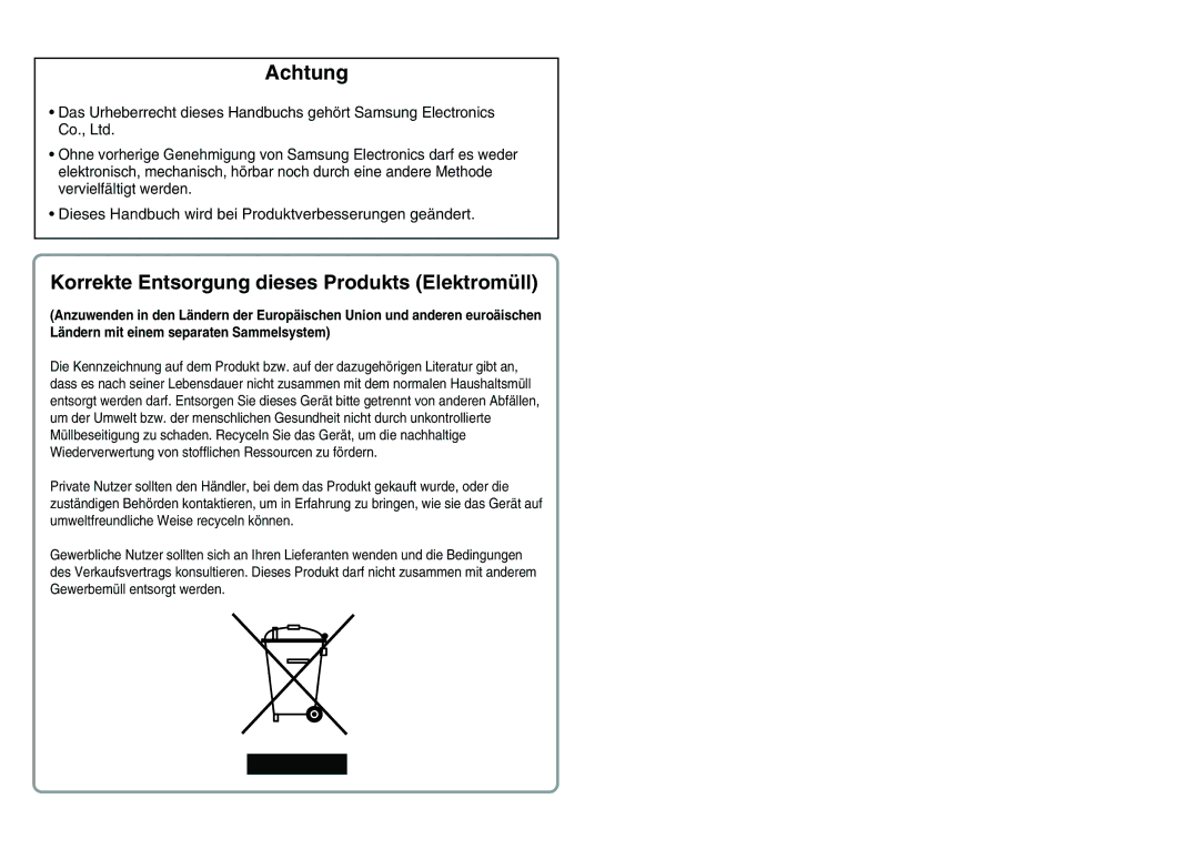 Samsung SCC-C6475P manual Achtung, Korrekte Entsorgung dieses Produkts Elektromüll 