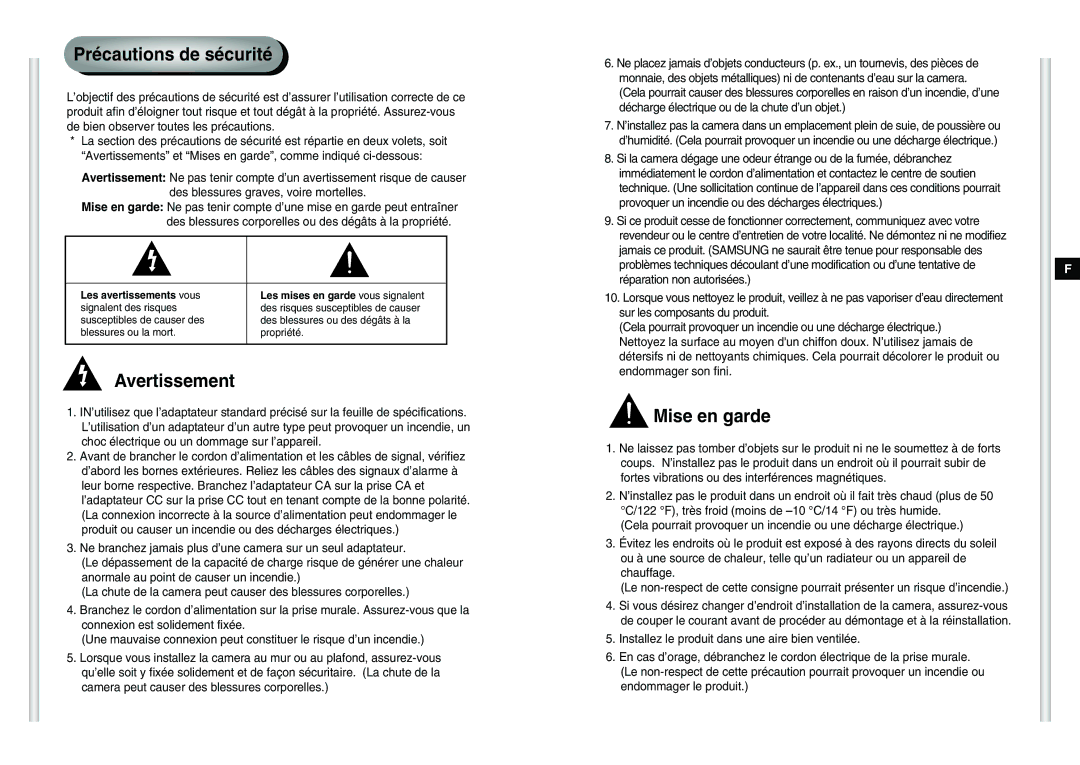 Samsung SCC-C6475P manual Précautions de sécurité, Avertissement, Mise en garde 