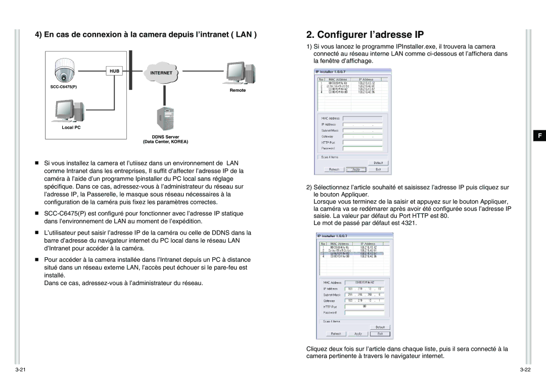 Samsung SCC-C6475P manual Configurer l’adresse IP, En cas de connexion à la camera depuis l’intranet LAN 