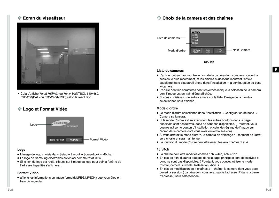 Samsung SCC-C6475P manual Ecran du visualiseur, Logo et Format Vidéo, Choix de la camera et des chaînes 