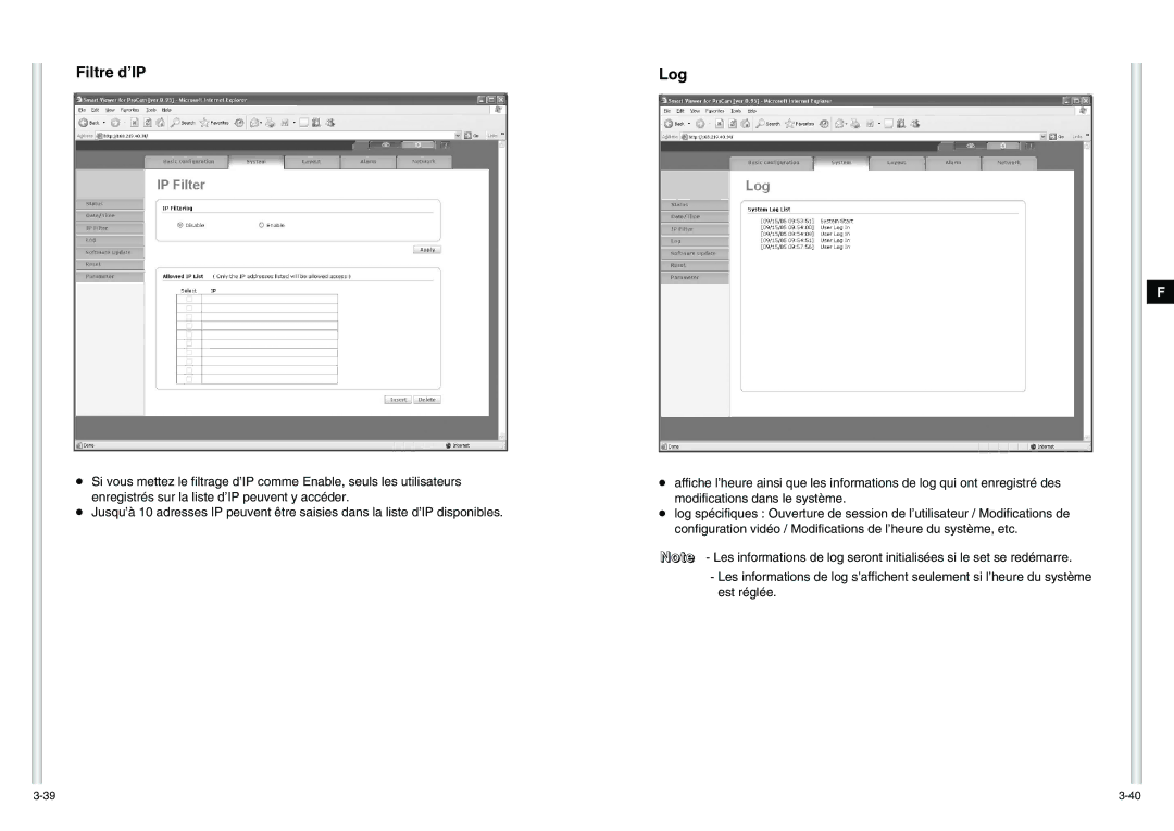 Samsung SCC-C6475P manual Filtre d’IP, Log 