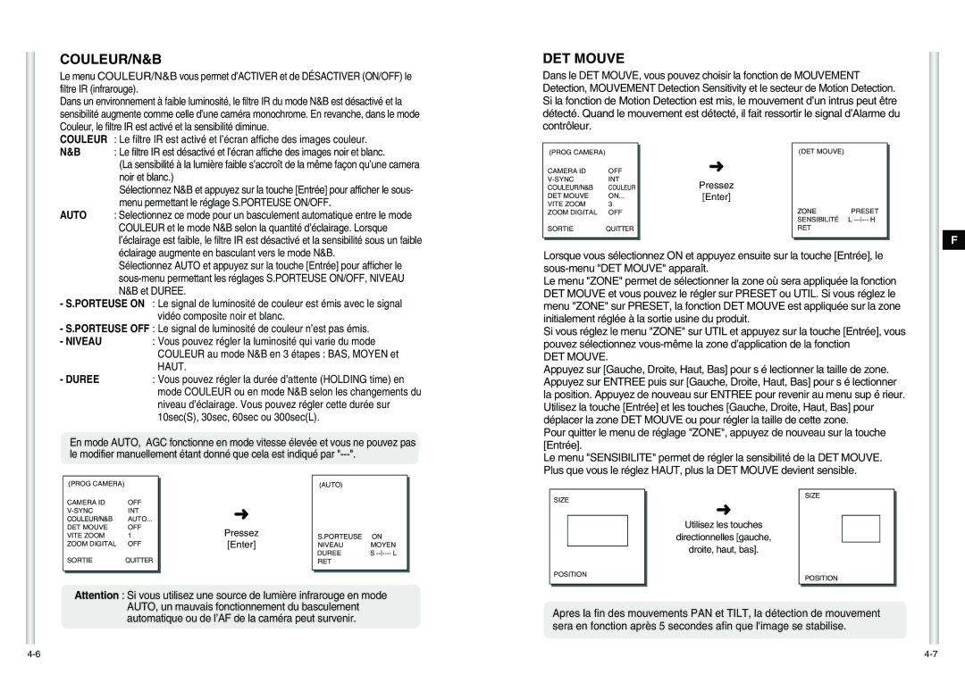 Samsung SCC-C6475P manual Couleur/N&B, DET Mouve, Haut 