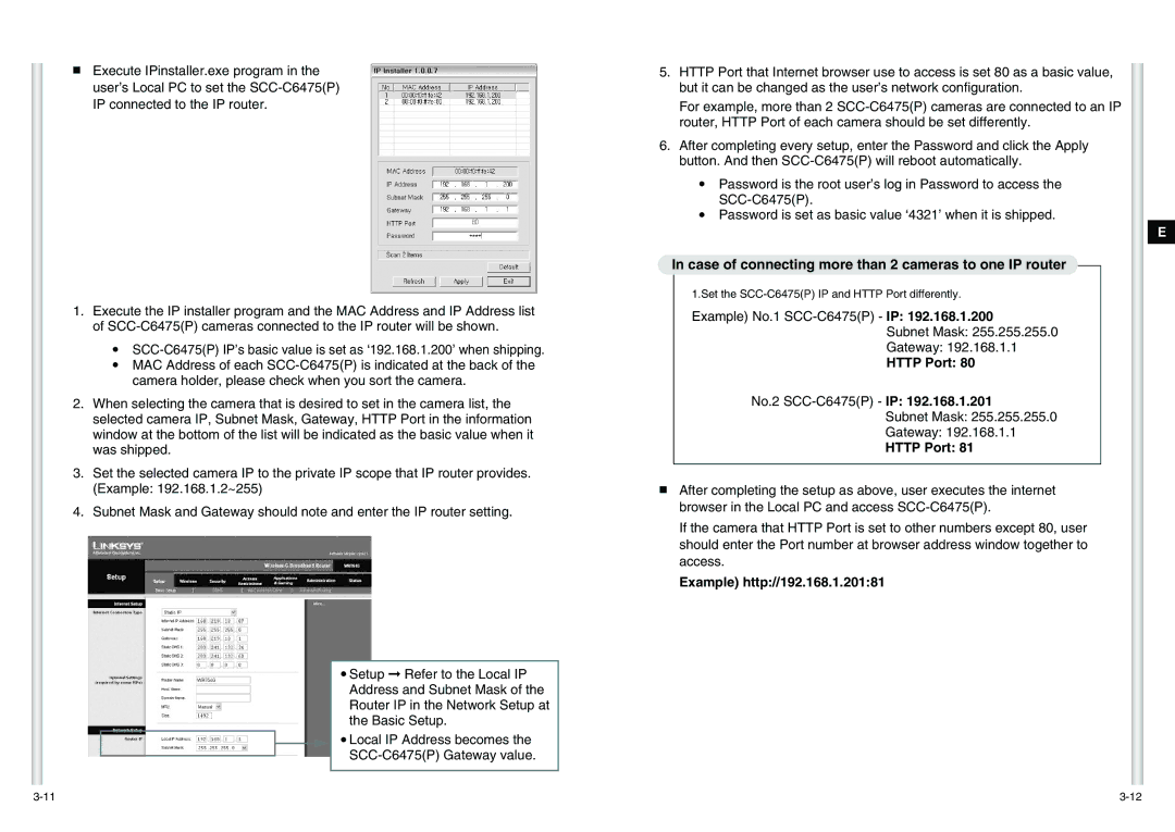 Samsung manual Case of connecting more than 2 cameras to one IP router, Example No.1 SCC-C6475P IP Subnet Mask Gateway 