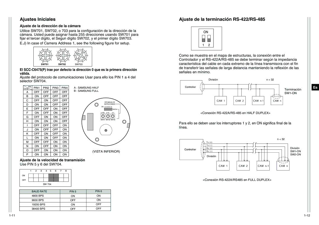 Samsung SCC-C6475P manual Ajustes Iniciales, Ajuste de la terminación RS-422/RS-485, Ajuste de la dirección de la cámara 