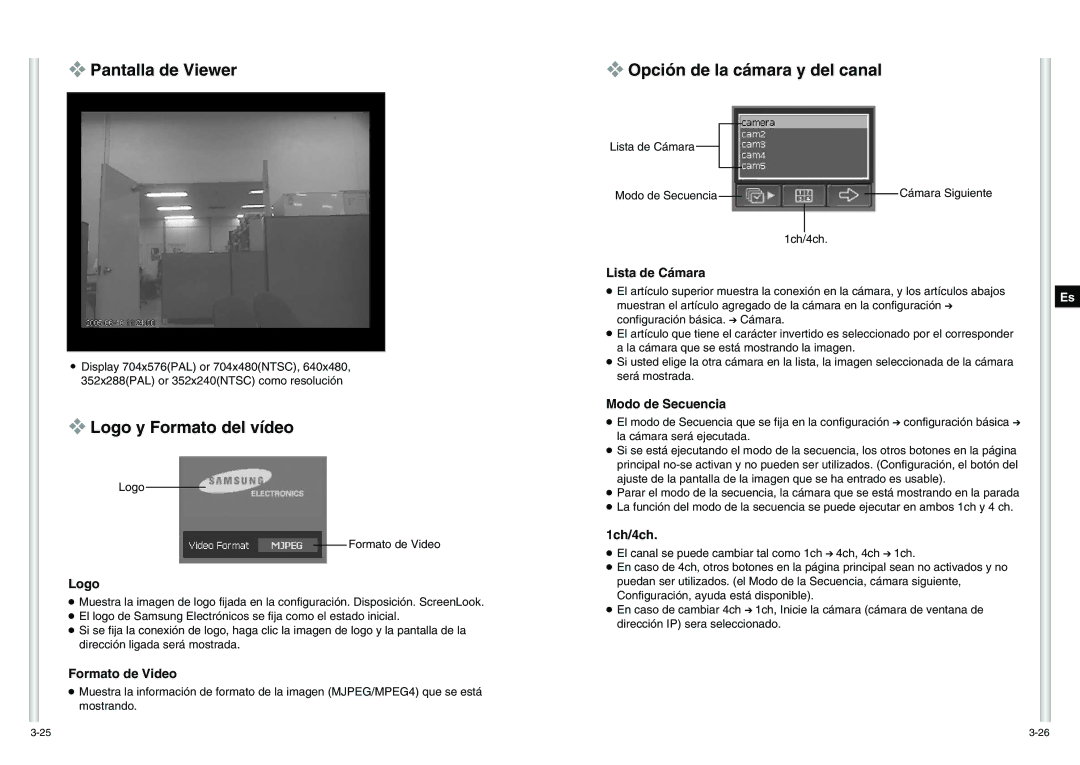 Samsung SCC-C6475P manual Pantalla de Viewer, Logo y Formato del vídeo, Opción de la cámara y del canal 