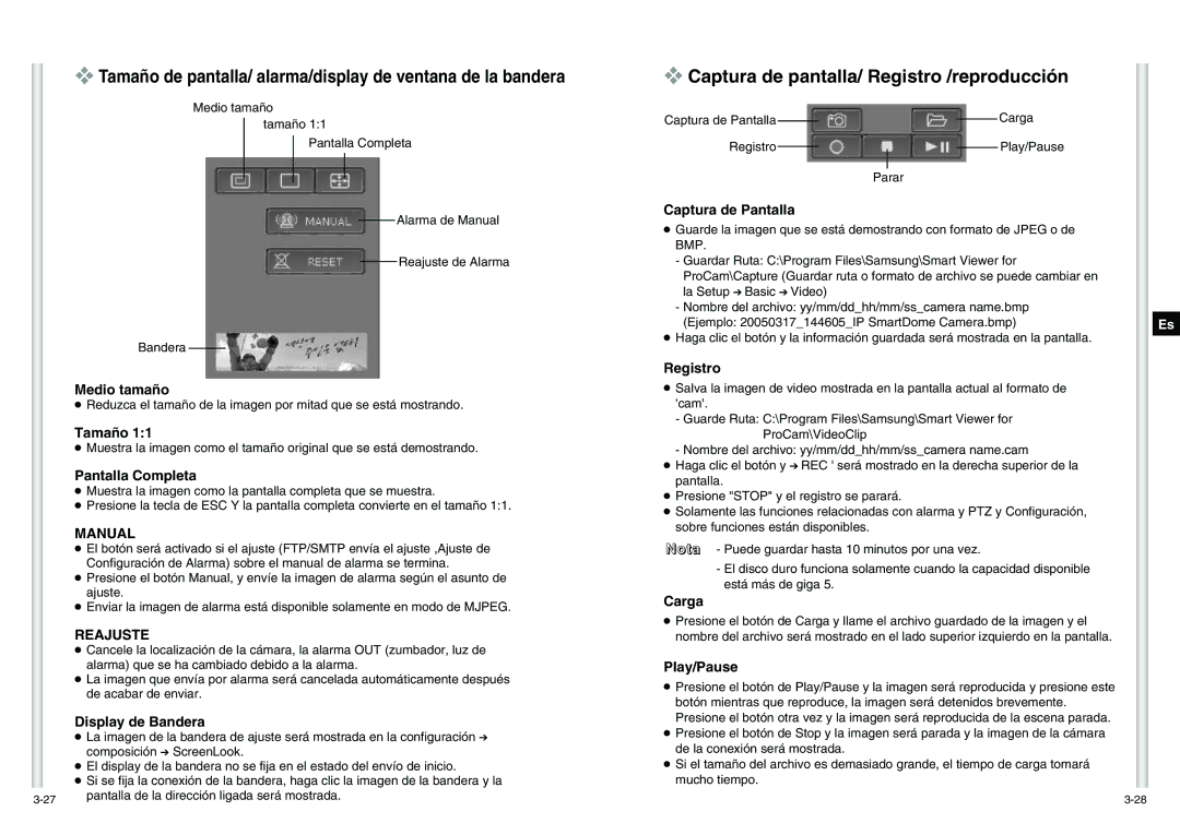 Samsung SCC-C6475P manual Tamaño de pantalla/ alarma/display de ventana de la bandera 