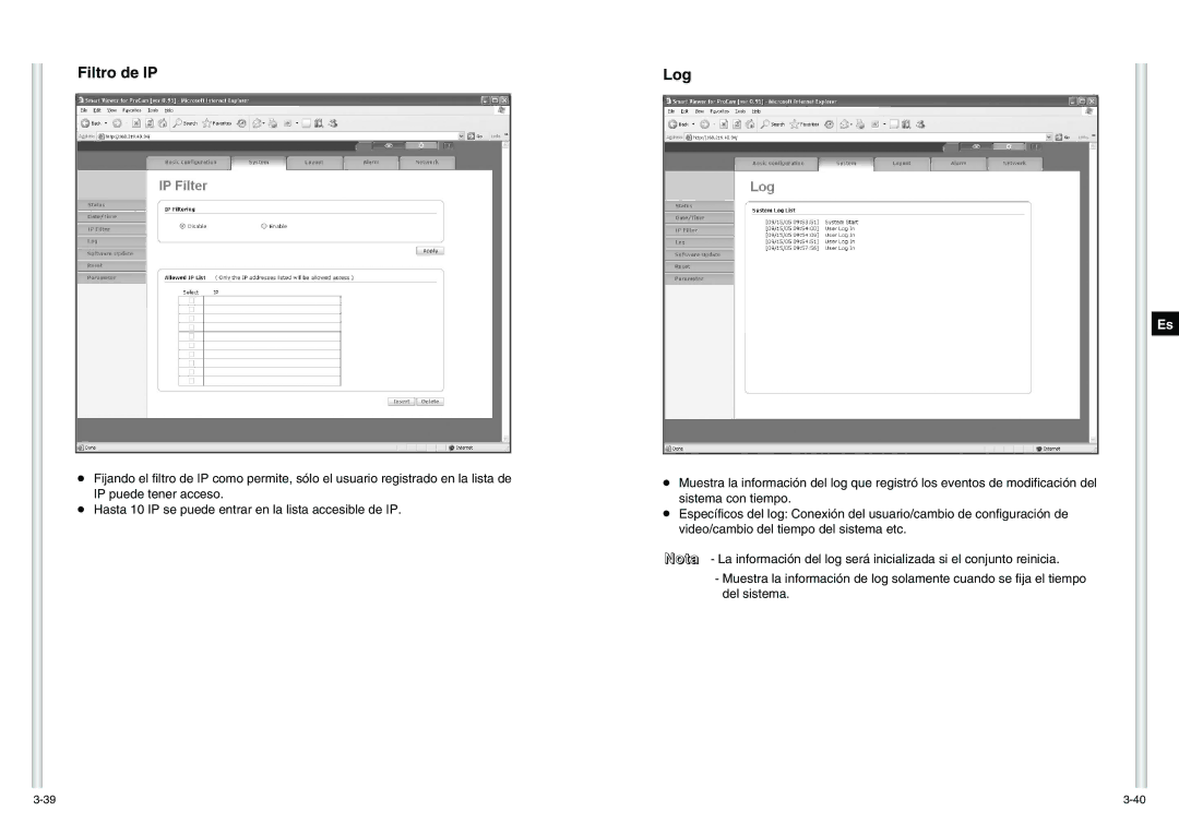 Samsung SCC-C6475P manual Filtro de IP, Log 