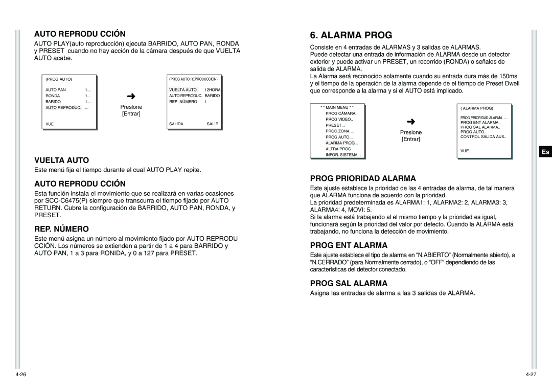 Samsung SCC-C6475P manual Alarma Prog 