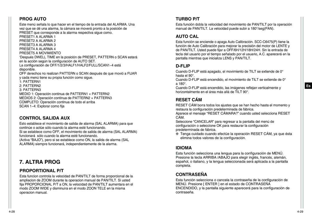 Samsung SCC-C6475P manual Altra Prog, Control Salida AUX, Reset CÁM, Idioma, Contraseña 