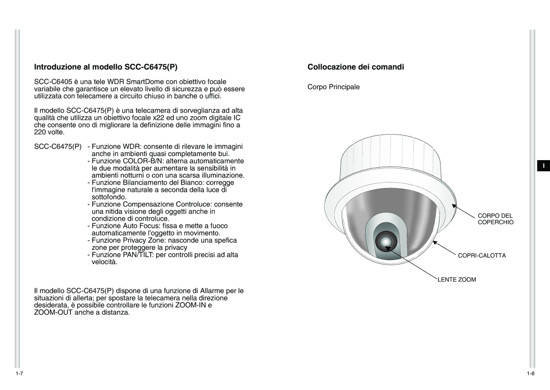 Samsung manual Introduzione al modello SCC-C6475P, Collocazione dei comandi 