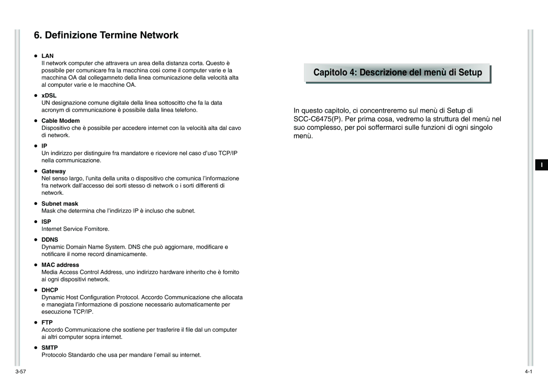 Samsung SCC-C6475P manual Definizione Termine Network, Ap ito lo 4 Descrizione del menù di Setu p 