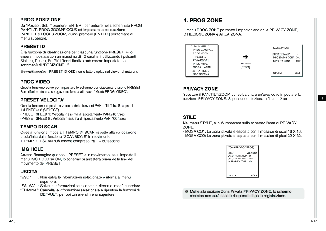 Samsung SCC-C6475P manual Prog Posizione, Preset VELOCITA’, Tempo DI Scan, IMG Hold, Stile 