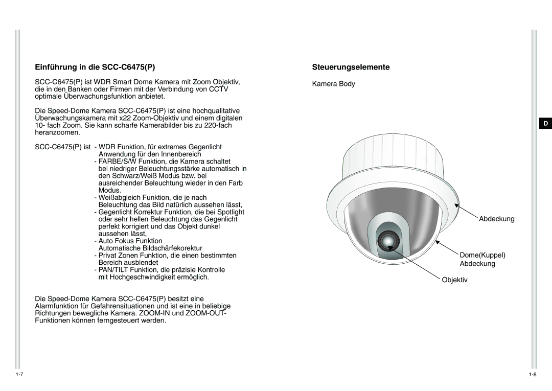 Samsung manual Einführung in die SCC-C6475P, Steuerungselemente 