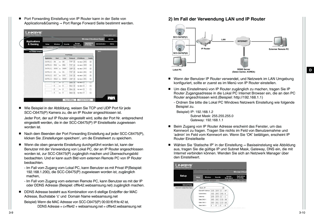 Samsung SCC-C6475P manual Im Fall der Verwendung LAN und IP Router 