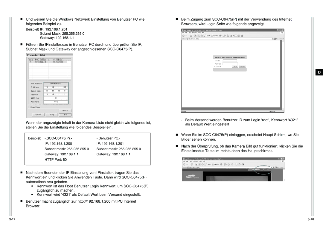 Samsung SCC-C6475P manual Beispiel IP Subnet Mask Gateway 