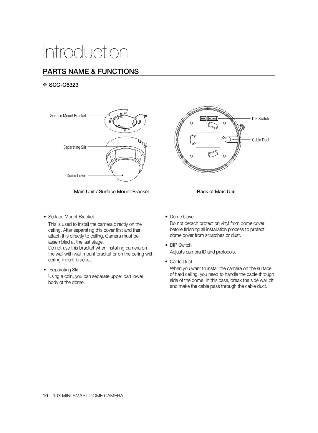 Samsung SCC-C7325P, SCC-C6323P, SCC-C6325P, SCC-C6323N manual Parts Name & Functions, Main Unit / Surface Mount Bracket 