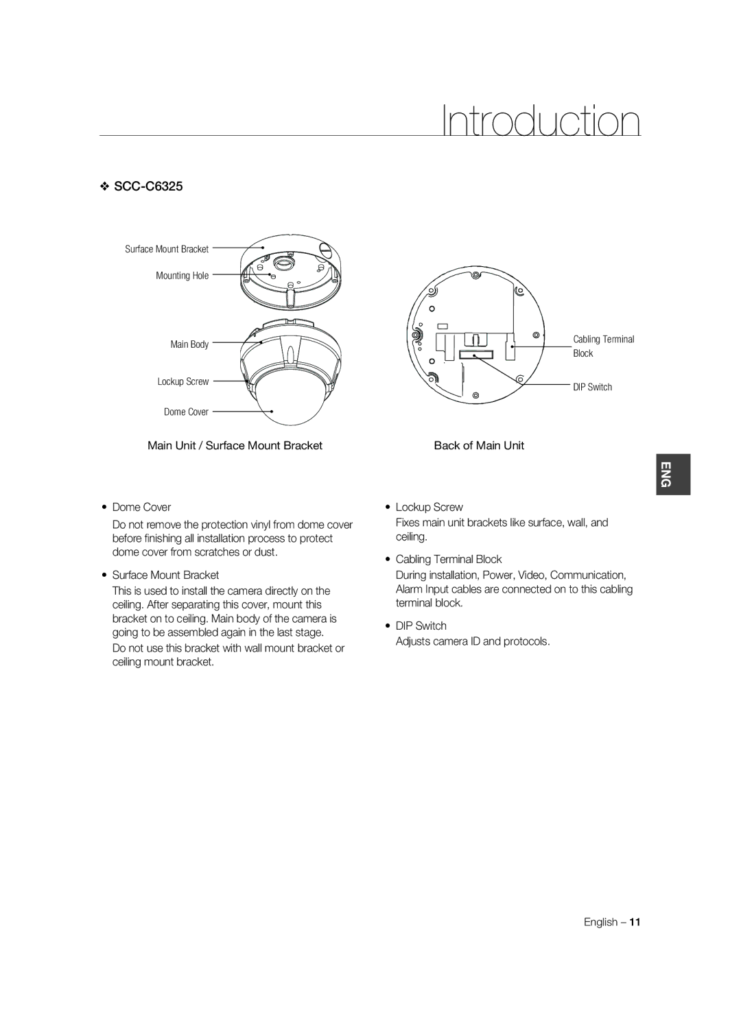 Samsung SCC-C6323P, SCC-C7325P, SCC-C6325P, SCC-C6323N Main Unit / Surface Mount Bracket Dome Cover, Back of Main Unit 