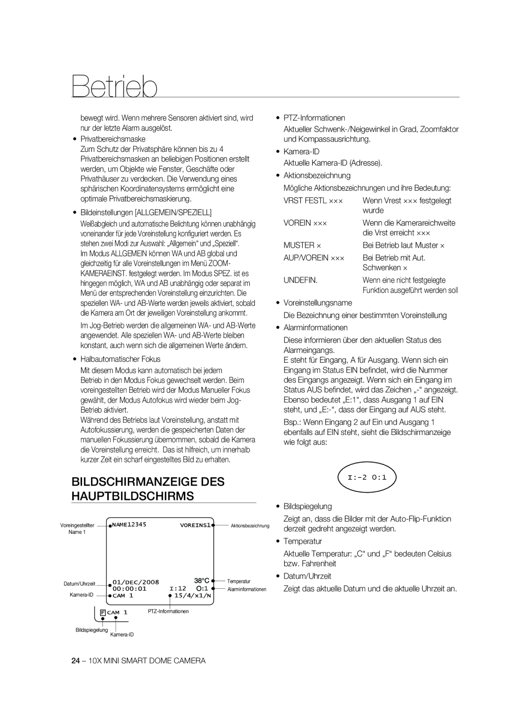 Samsung SCC-C7325P, SCC-C6323P, SCC-C6325P, SCC-C6323N, SCC-C7325N manual Bildschirmanzeige DES Hauptbildschirms 