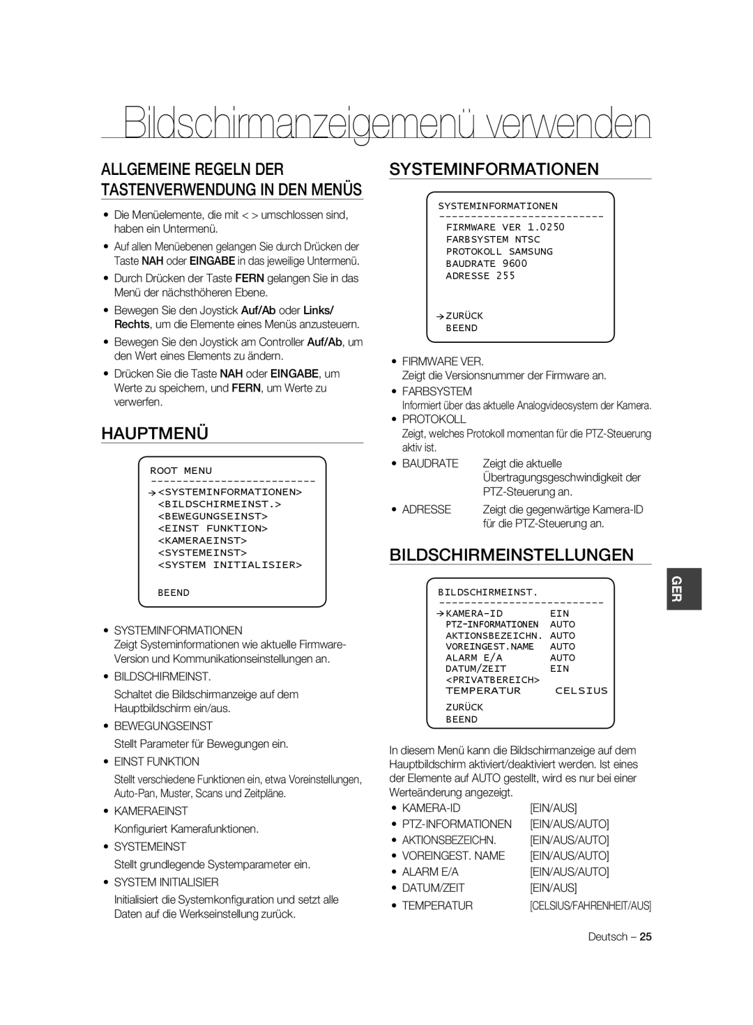 Samsung SCC-C6323P, SCC-C7325P, SCC-C6325P, SCC-C6323N, SCC-C7325N Hauptmenü, Systeminformationen, Bildschirmeinstellungen 