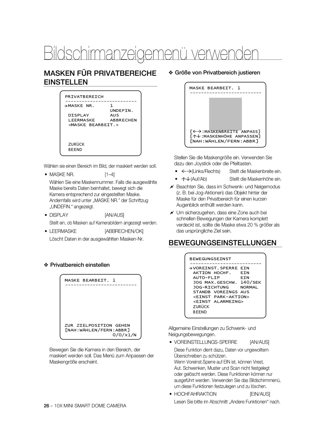 Samsung SCC-C6325P, SCC-C7325P manual Masken FÜR Privatbereiche Einstellen, Bewegungseinstellungen, Privatbereich einstellen 