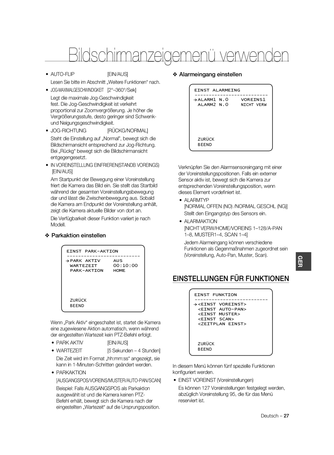 Samsung SCC-C6323N, SCC-C7325P, SCC-C6323P Einstellungen FÜR Funktionen, Alarmeingang einstellen, Parkaktion einstellen 