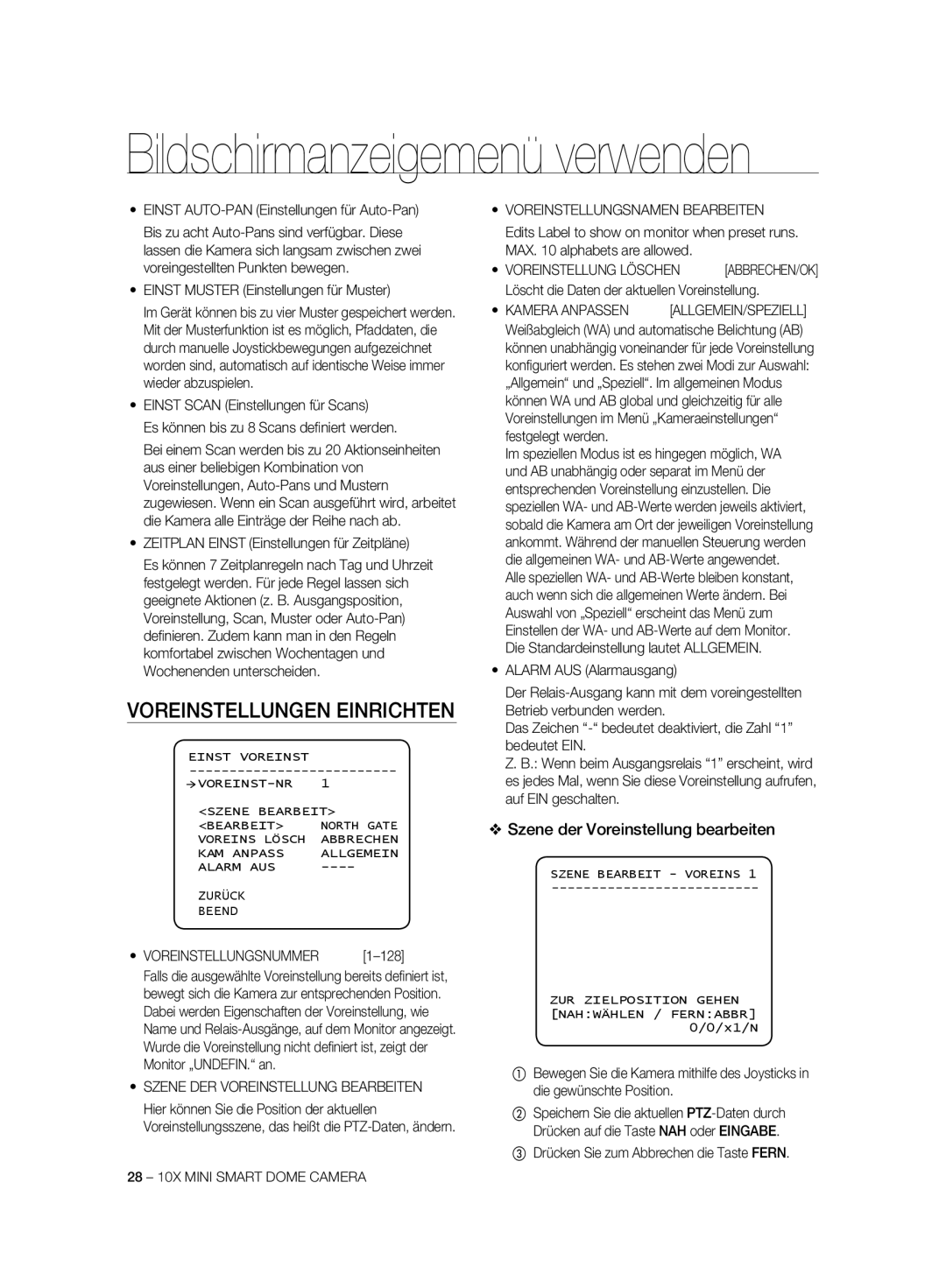 Samsung SCC-C7325N, SCC-C7325P, SCC-C6323P, SCC-C6325P manual Voreinstellungen Einrichten, Szene der Voreinstellung bearbeiten 