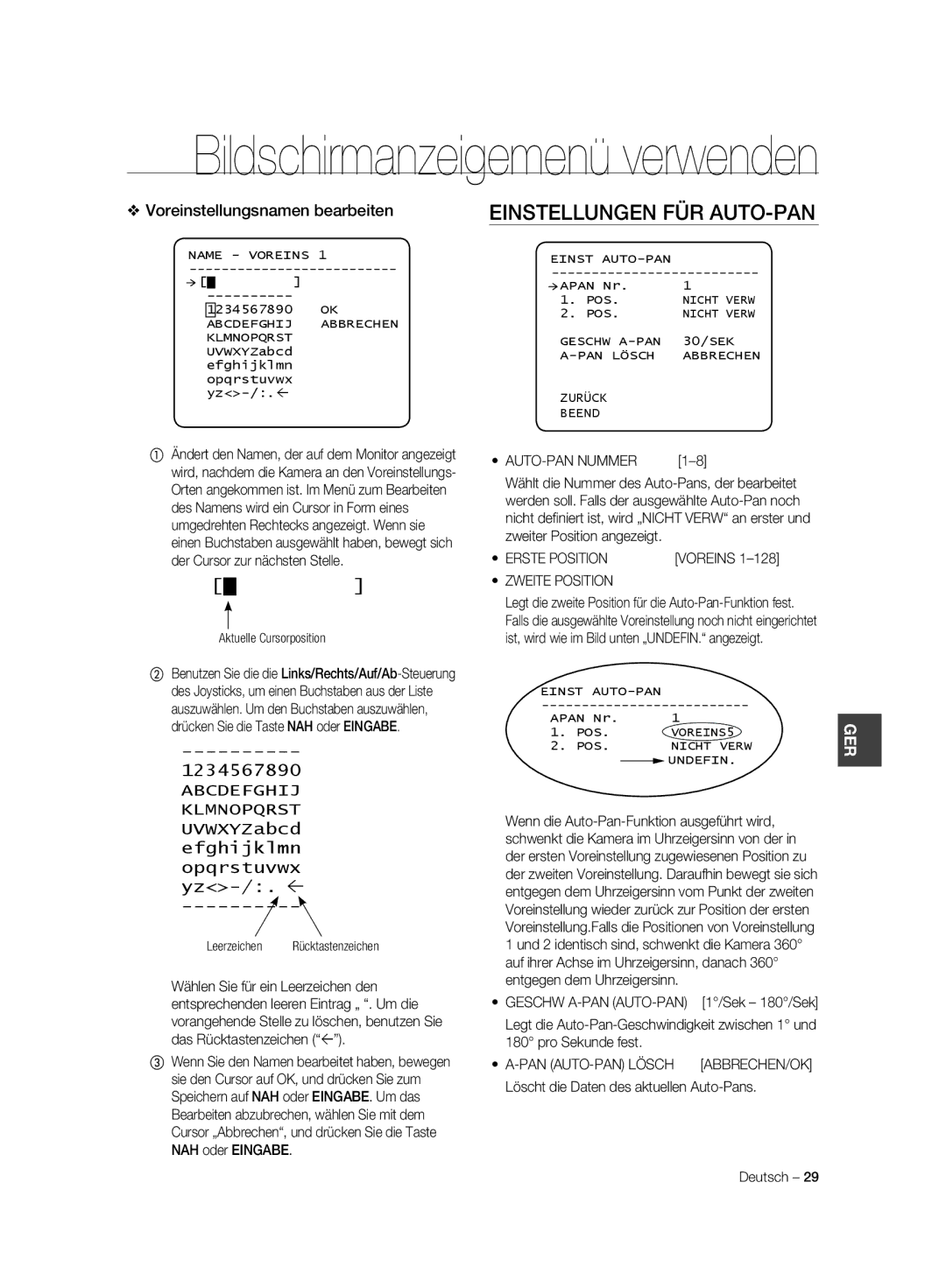 Samsung SCC-C7325P, SCC-C6323P, SCC-C6325P, SCC-C6323N manual Einstellungen FÜR AUTO-PAN, Voreinstellungsnamen bearbeiten 