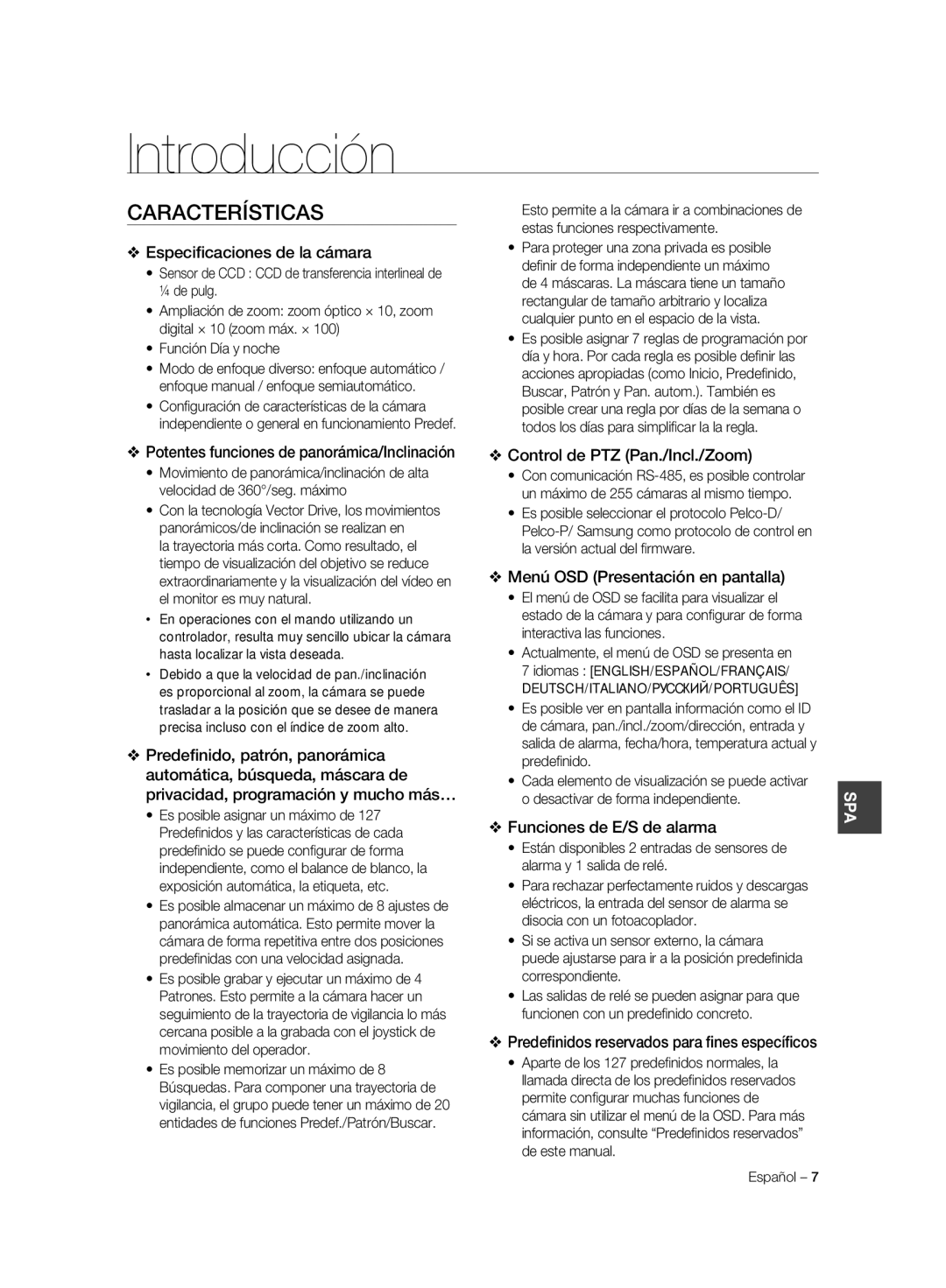 Samsung SCC-C6323P, SCC-C7325P, SCC-C6325P, SCC-C6323N, SCC-C7325N manual Introducción, Características 