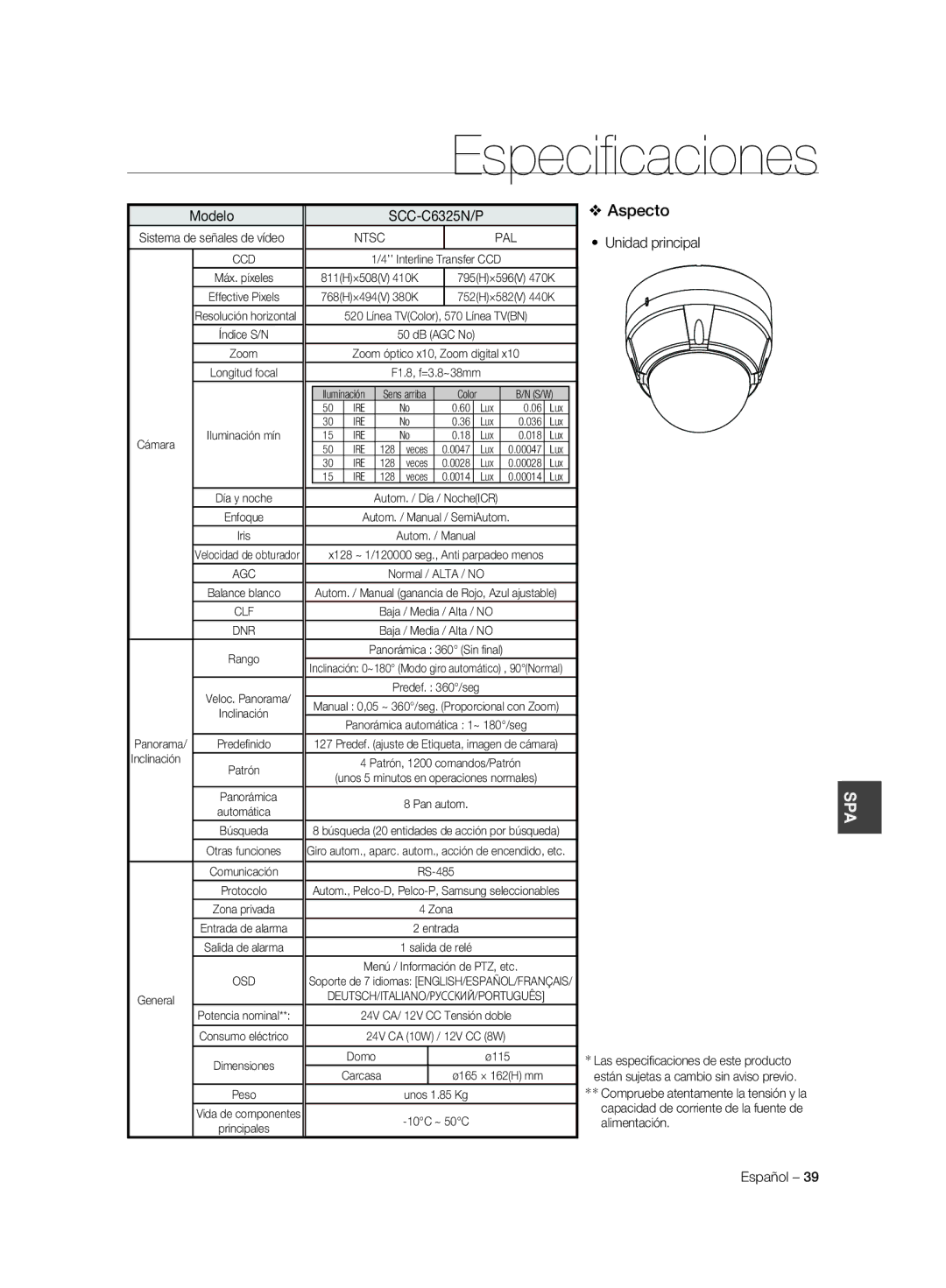 Samsung SCC-C6323N, SCC-C7325P, SCC-C6323P, SCC-C6325P, SCC-C7325N manual Máx. píxeles Effective Pixels 